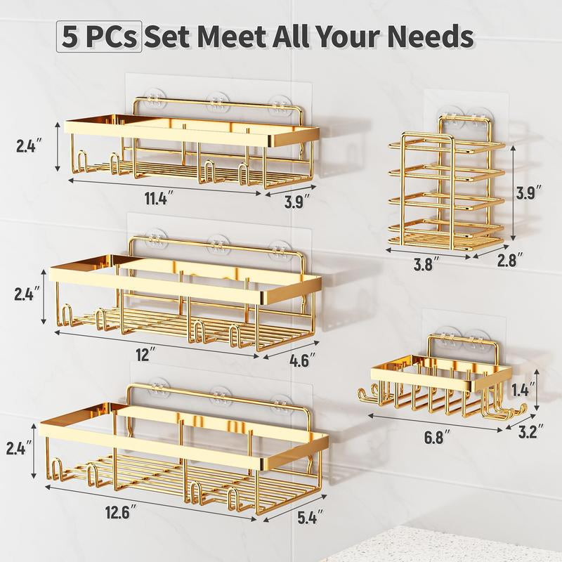 5-Pack Rust-Proof Waterproof Shower Shelves - Large Capacity Wall-Mounted Organizer with Soap Holder, No Drilling Required, Minimalist Stainless Steel Caddy for Bathroom and Kitchen Decor