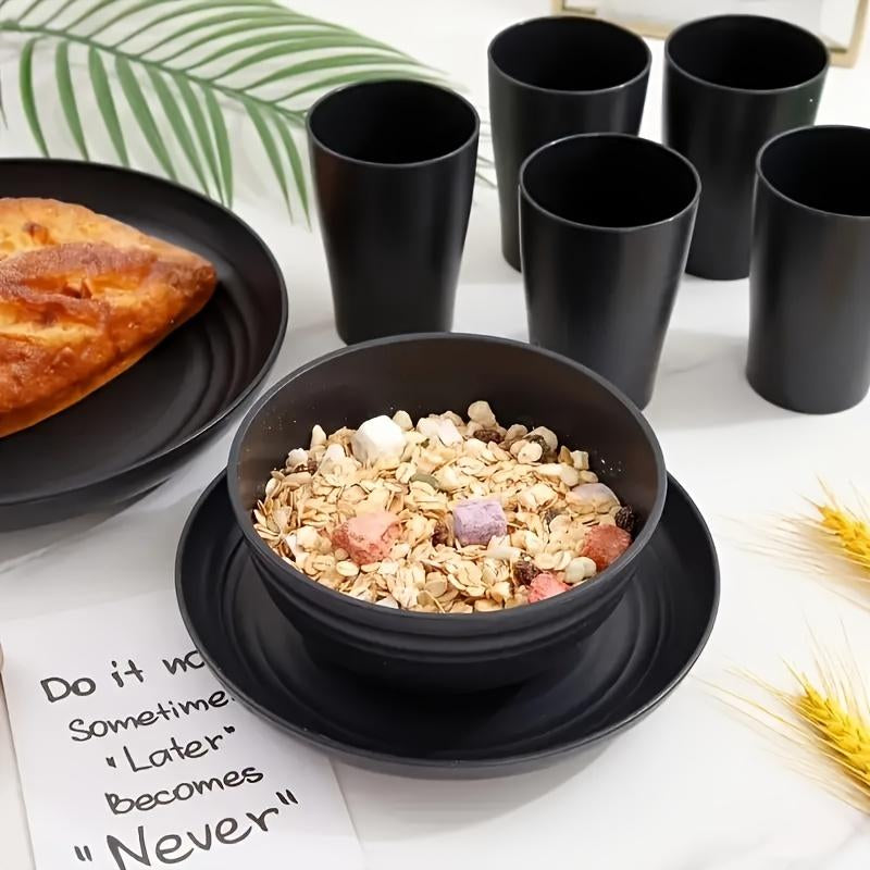 16-Piece Eco-Friendly Wheat Straw Cutlery Set for 4 - Complete Dinnerware with Plates, Bowls, and Cups - Dishwasher-Safe and Reusable - Ideal for Family Gatherings, Camping, and Parties