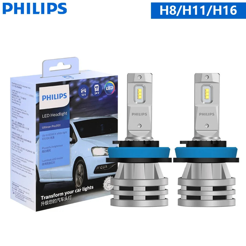 Philips Ultinon Pro3101 LED Headlight Bulbs - 6000K Bright White, H1 H3 H4 H7 H11 HB3 9005 HB4 9006 HIR2 9012, 2-Pack for 12V/24V Vehicles