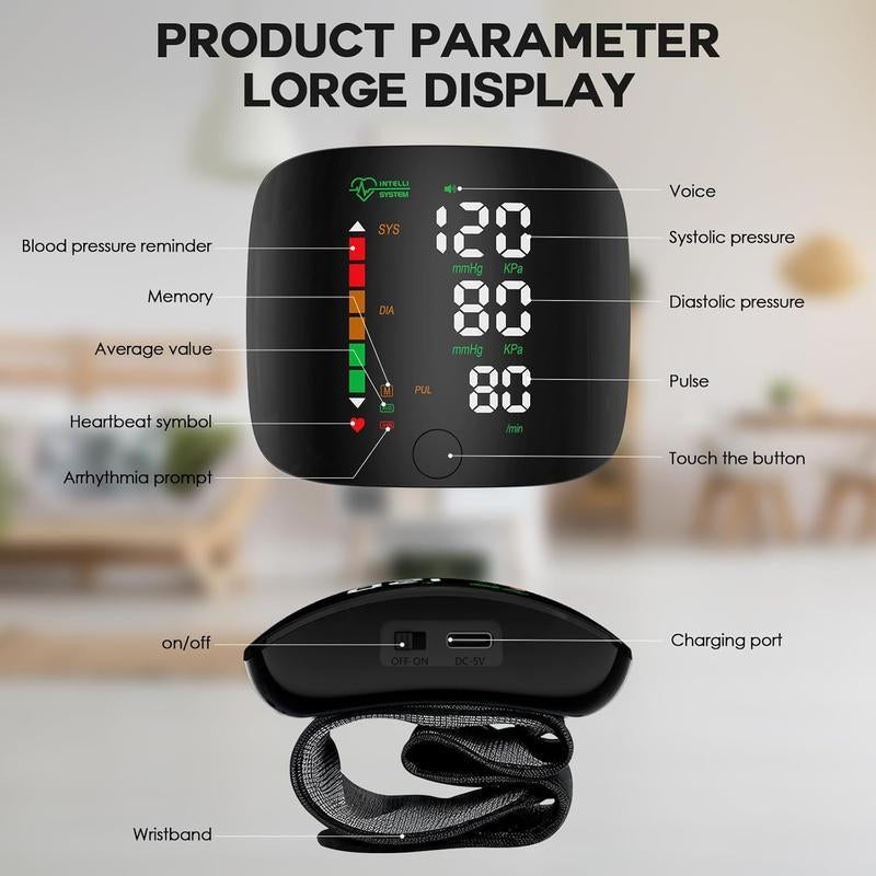 Portable Touch Screen Wrist Blood Pressure Monitor with LED Display, 99X2 Memory Readings & Carrying Case - Adjustable Healthcare Kit in Black