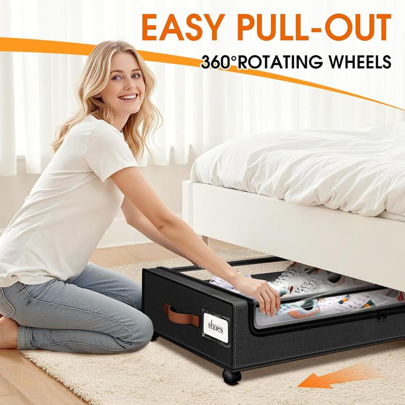 Maximize Your Space: 2-Pack Rolling Under Bed Storage Containers with Clear Windows & Labels - Perfect for Clothes, Shoes, and Blankets (30.71"x16.93"x6.69", Black)