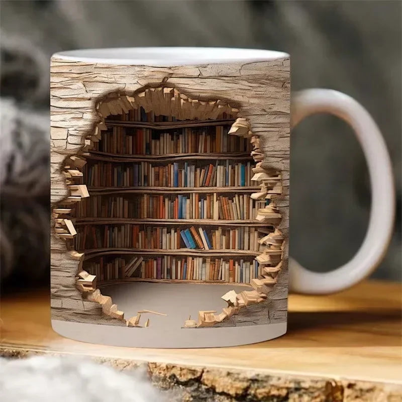 3D Library Bookshelf Mug | Creative Ceramic Coffee Cup for Book Lover