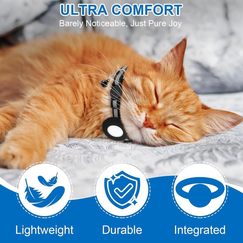 Reflective Breakaway Cat Collar with AirTag Holder & Bell - Adjustable GPS Tracker for Safe Kittens - Stylish Black Design