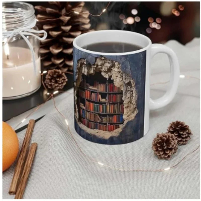 3D Library Bookshelf Mug | Creative Ceramic Coffee Cup for Book Lover