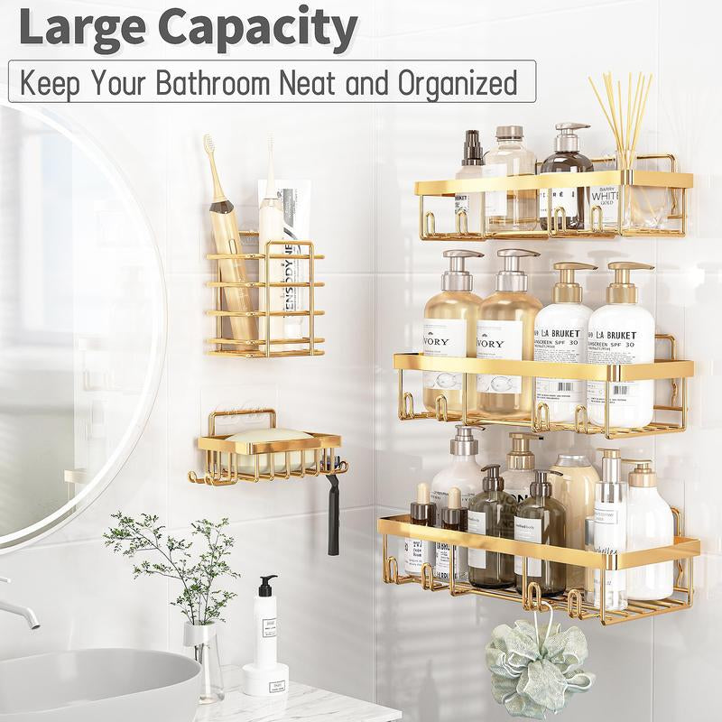 5-Pack Rust-Proof Waterproof Shower Shelves - Large Capacity Wall-Mounted Organizer with Soap Holder, No Drilling Required, Minimalist Stainless Steel Caddy for Bathroom and Kitchen Decor