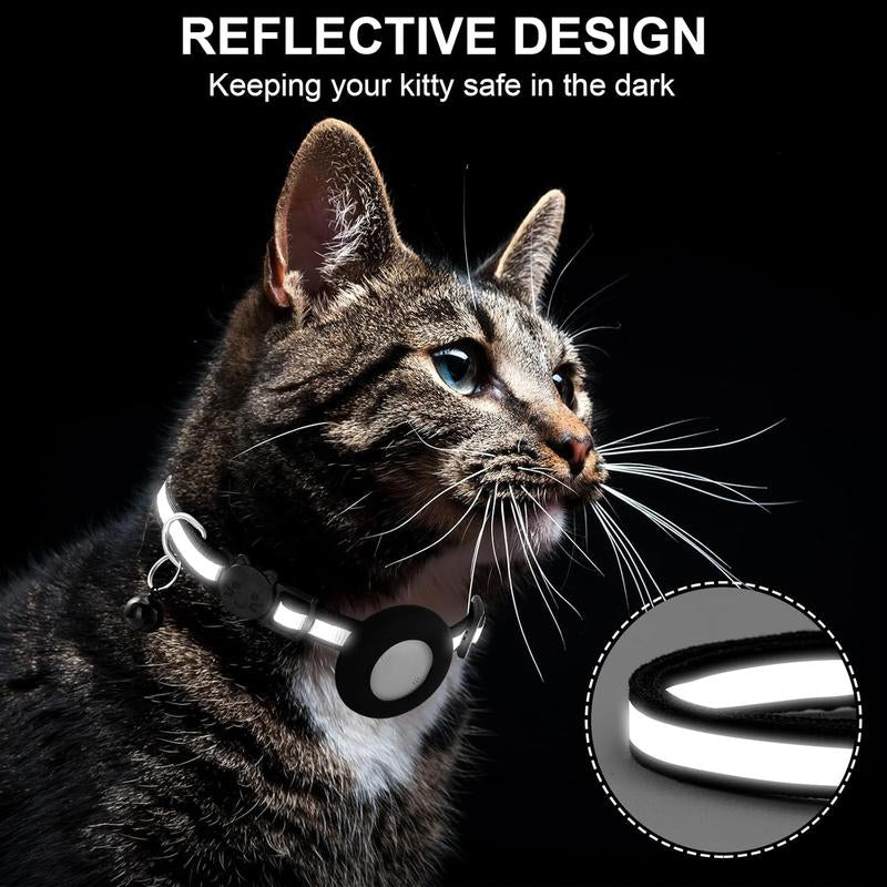 Reflective Breakaway Cat Collar with AirTag Holder & Bell - Adjustable GPS Tracker for Safe Kittens - Stylish Black Design