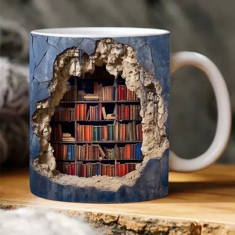 3D Library Bookshelf Mug | Creative Ceramic Coffee Cup for Book Lover