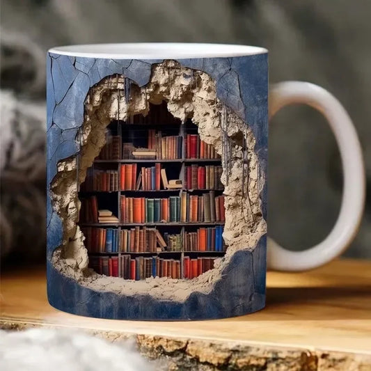 3D Library Bookshelf Mug | Creative Ceramic Coffee Cup for Book Lover