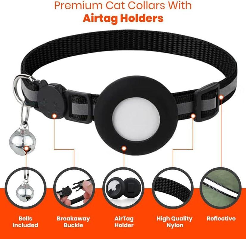 Reflective Breakaway Cat Collar with AirTag Holder & Bell - Adjustable GPS Tracker for Safe Kittens - Stylish Black Design
