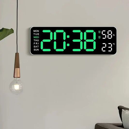 Large Digital Wall Clock with Temperature, Humidity & Auto Dimmer | USB Powered LED Alarm Table Clock
