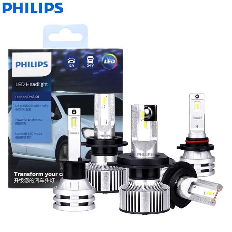 Philips Ultinon Pro3101 LED Headlight Bulbs - 6000K Bright White, H1 H3 H4 H7 H11 HB3 9005 HB4 9006 HIR2 9012, 2-Pack for 12V/24V Vehicles