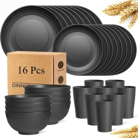 16-Piece Eco-Friendly Wheat Straw Cutlery Set for 4 - Complete Dinnerware with Plates, Bowls, and Cups - Dishwasher-Safe and Reusable - Ideal for Family Gatherings, Camping, and Parties