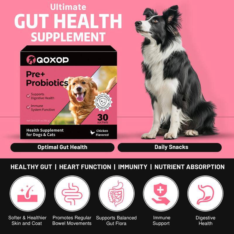 Probiotics for Dogs & Cats - 30 Chicken-Flavored Sachets for Digestive Relief with Prebiotics, Fiber & Enzymes - Boosts Gut & Immune Health!