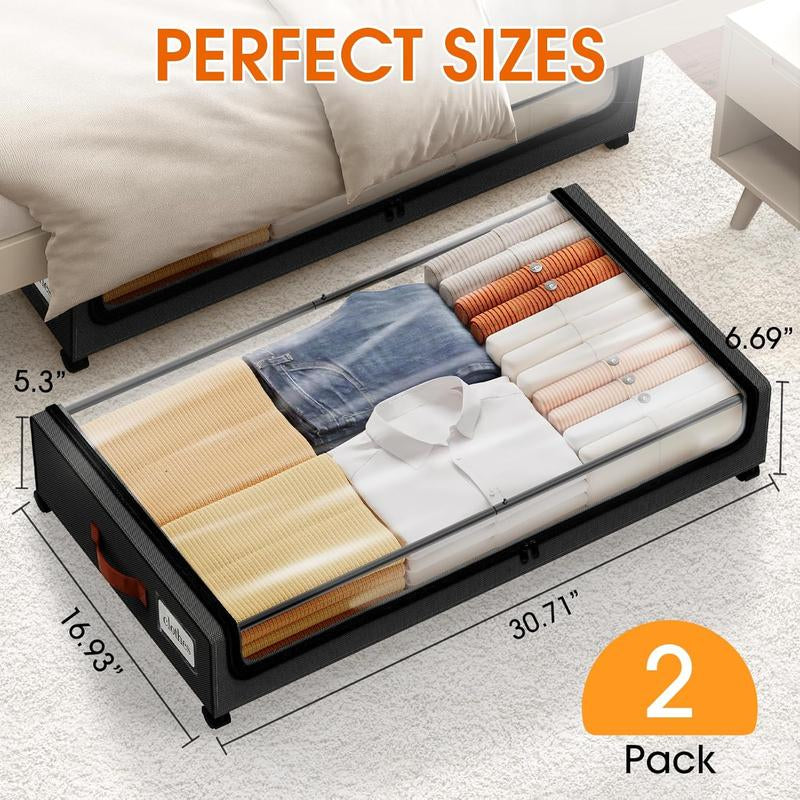 Maximize Your Space: 2-Pack Rolling Under Bed Storage Containers with Clear Windows & Labels - Perfect for Clothes, Shoes, and Blankets (30.71"x16.93"x6.69", Black)