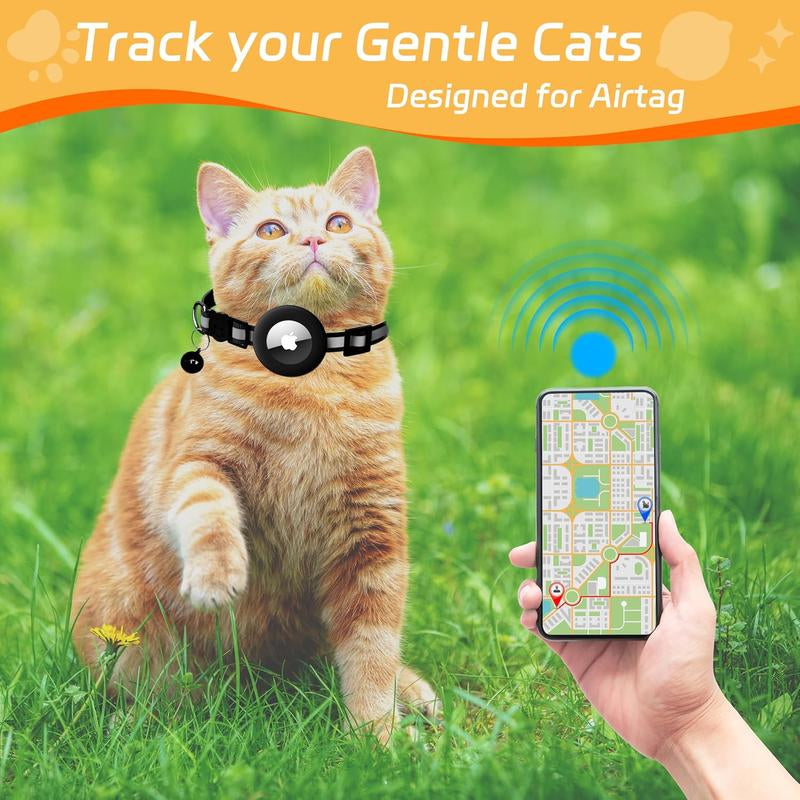 Reflective Breakaway Cat Collar with AirTag Holder & Bell - Adjustable GPS Tracker for Safe Kittens - Stylish Black Design
