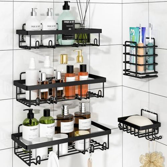 5-Pack Rust-Proof Waterproof Shower Shelves - Large Capacity Wall-Mounted Organizer with Soap Holder, No Drilling Required, Minimalist Stainless Steel Caddy for Bathroom and Kitchen Decor