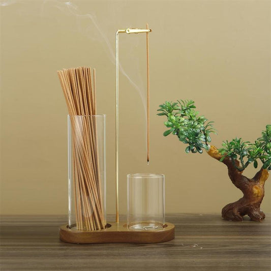 Elegant 2-in-1 Wooden Incense & Candle Holder - Aromatherapy Diffuser with Removable Glass Ash Collector, Perfect Home Decor & Unique Gift for Scent Lovers