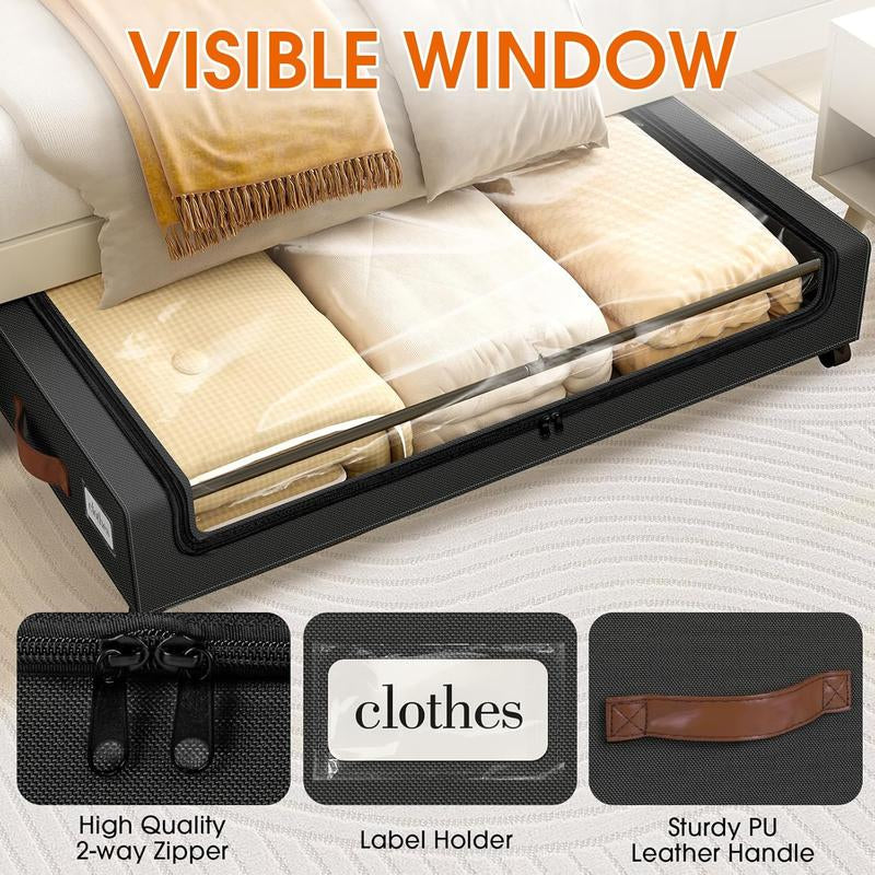 Maximize Your Space: 2-Pack Rolling Under Bed Storage Containers with Clear Windows & Labels - Perfect for Clothes, Shoes, and Blankets (30.71"x16.93"x6.69", Black)