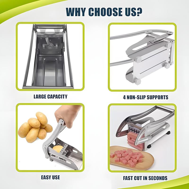 Premium Stainless Steel French Fry Cutter with 2 Blades - Perfect for Homemade Fries & Kitchen Use - Non-Slip Suction Feet Included