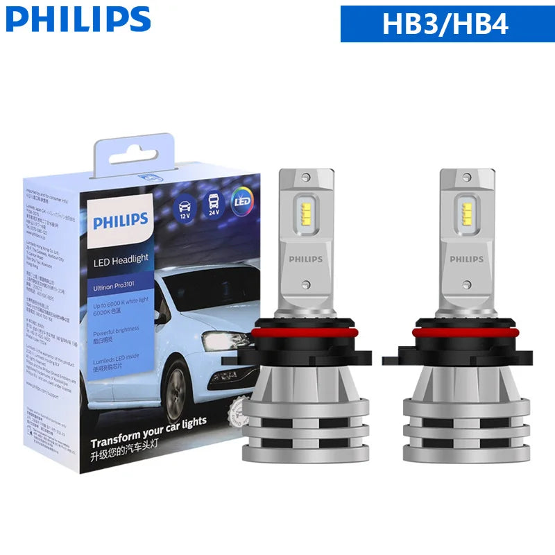 Philips Ultinon Pro3101 LED Headlight Bulbs - 6000K Bright White, H1 H3 H4 H7 H11 HB3 9005 HB4 9006 HIR2 9012, 2-Pack for 12V/24V Vehicles