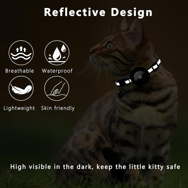Reflective Breakaway Cat Collar with AirTag Holder & Bell - Adjustable GPS Tracker for Safe Kittens - Stylish Black Design
