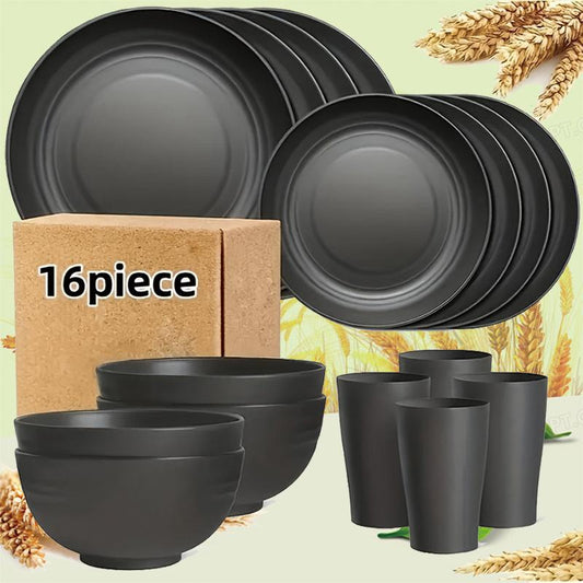 16-Piece Eco-Friendly Wheat Straw Cutlery Set for 4 - Complete Dinnerware with Plates, Bowls, and Cups - Dishwasher-Safe and Reusable - Ideal for Family Gatherings, Camping, and Parties.16-Piece Eco-Friendly Wheat Straw Cutlery Set for 4 - Complete Dinnerware with Plates, Bowls, and Cups - Dishwasher-Safe and Reusable - Ideal for Family Gatherings, Camping, and Parties