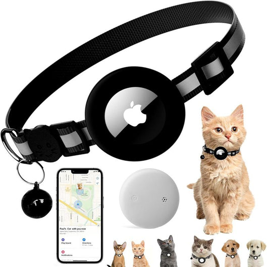 Reflective Breakaway Cat Collar with AirTag Holder & Bell - Adjustable GPS Tracker for Safe Kittens - Stylish Black DesignReflective Breakaway Cat Collar with AirTag Holder & Bell - Adjustable GPS Tracker for Safe Kittens - Stylish Black Design
