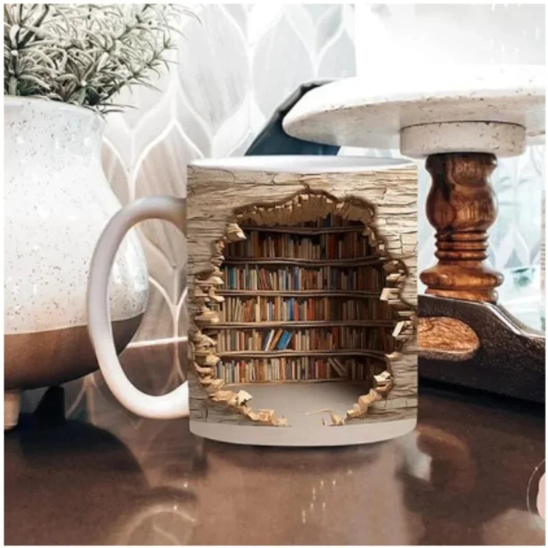 3D Library Bookshelf Mug | Creative Ceramic Coffee Cup for Book Lover