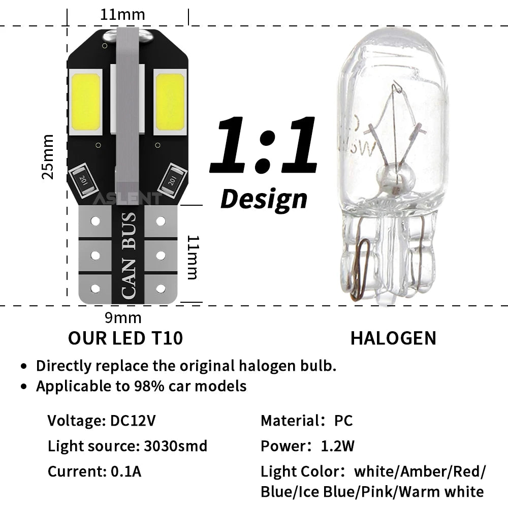 Super Bright 10X W5W T10 LED CANBUS Car Interior Side Lights - No Error, 600Lm, White/Amber/Red Options