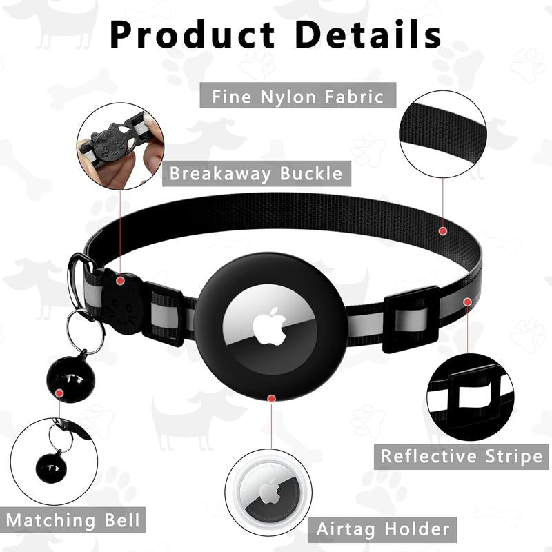 Reflective Breakaway Cat Collar with AirTag Holder & Bell - Adjustable GPS Tracker for Safe Kittens - Stylish Black Design