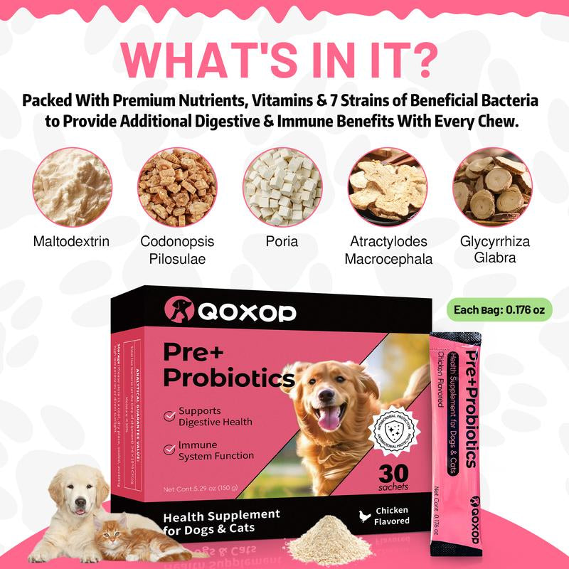 Probiotics for Dogs & Cats - 30 Chicken-Flavored Sachets for Digestive Relief with Prebiotics, Fiber & Enzymes - Boosts Gut & Immune Health!