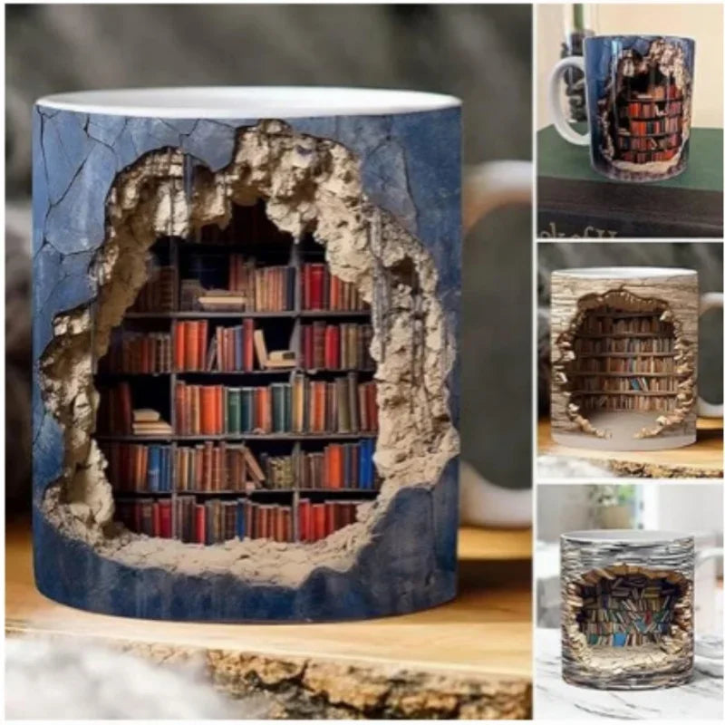 3D Library Bookshelf Mug | Creative Ceramic Coffee Cup for Book Lover