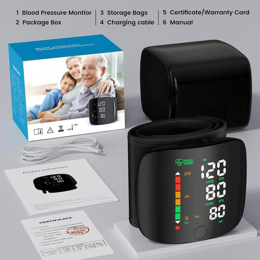 Portable Touch Screen Wrist Blood Pressure Monitor with LED Display, 99X2 Memory Readings & Carrying Case - Adjustable Healthcare Kit in Black