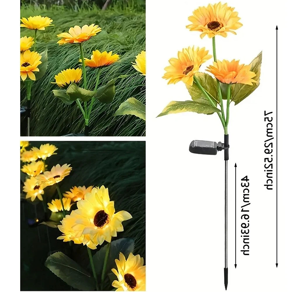 1Pc Sunflower Solar Lights Outdoor Decor with 3 Led Sunflower Yellow Flower Lights Decorative Waterproof for Garden Decoration