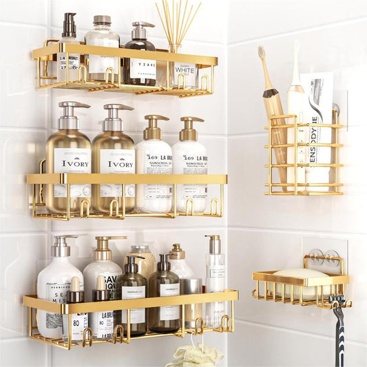 5-Pack Rust-Proof Waterproof Shower Shelves - Large Capacity Wall-Mounted Organizer with Soap Holder, No Drilling Required, Minimalist Stainless Steel Caddy for Bathroom and Kitchen Decor
