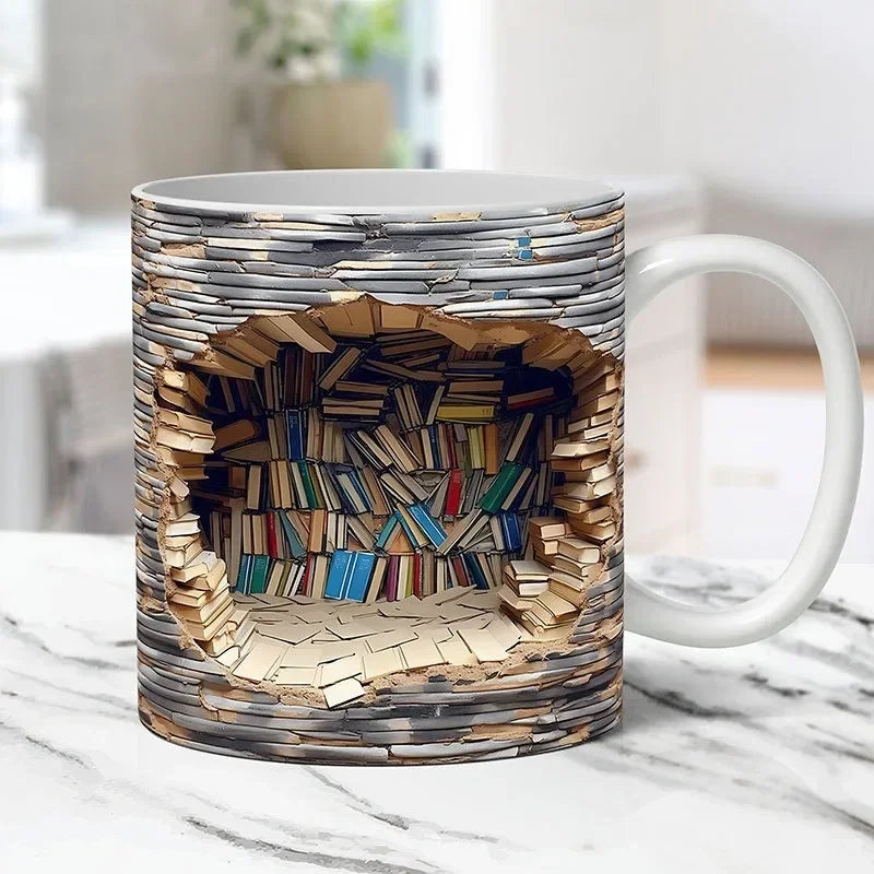 3D Library Bookshelf Mug | Creative Ceramic Coffee Cup for Book Lover