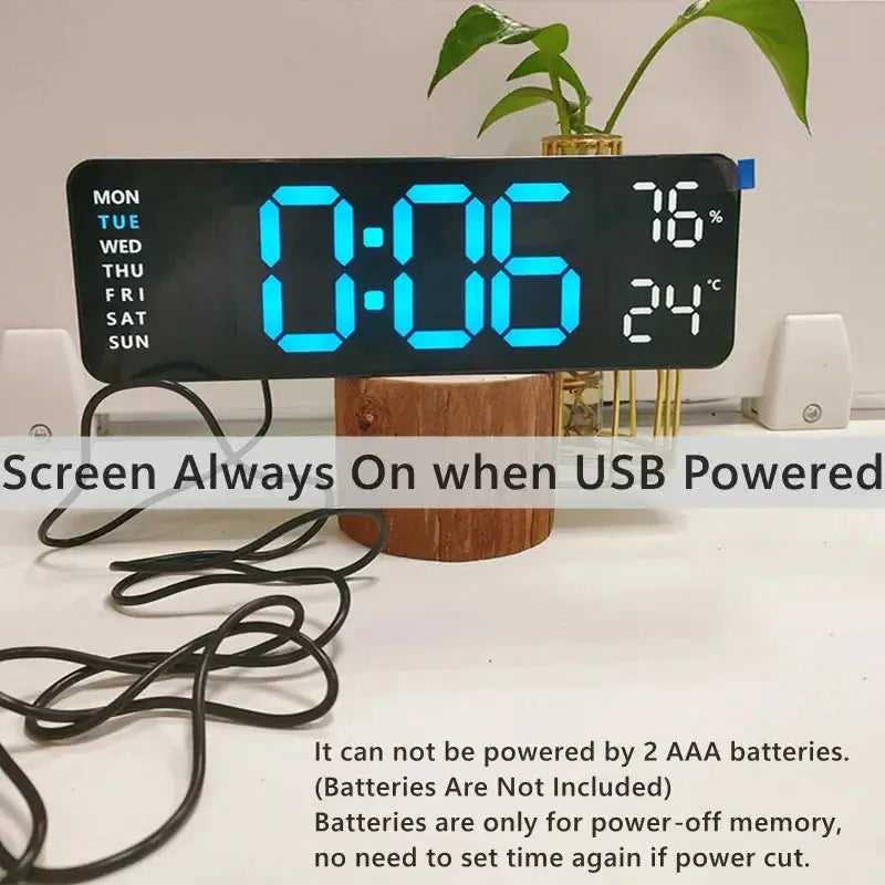 Large Digital Wall Clock with Temperature, Humidity & Auto Dimmer | USB Powered LED Alarm Table Clock