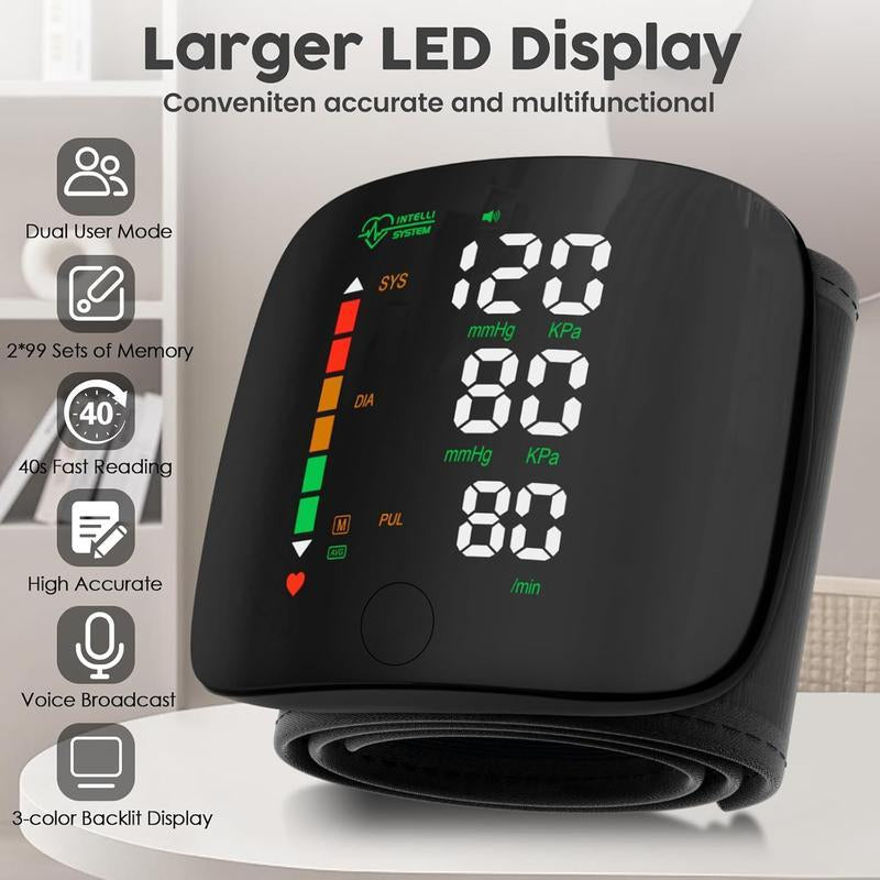 Portable Touch Screen Wrist Blood Pressure Monitor with LED Display, 99X2 Memory Readings & Carrying Case - Adjustable Healthcare Kit in Black