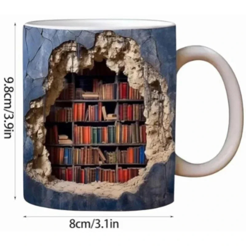 3D Library Bookshelf Mug | Creative Ceramic Coffee Cup for Book Lover