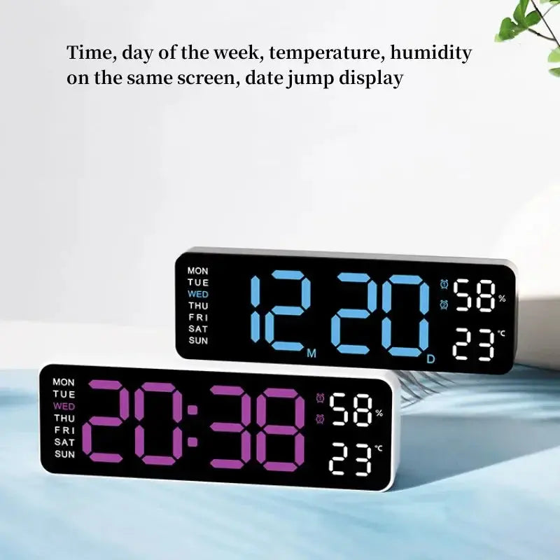Large Digital Wall Clock with Temperature, Humidity & Auto Dimmer | USB Powered LED Alarm Table Clock