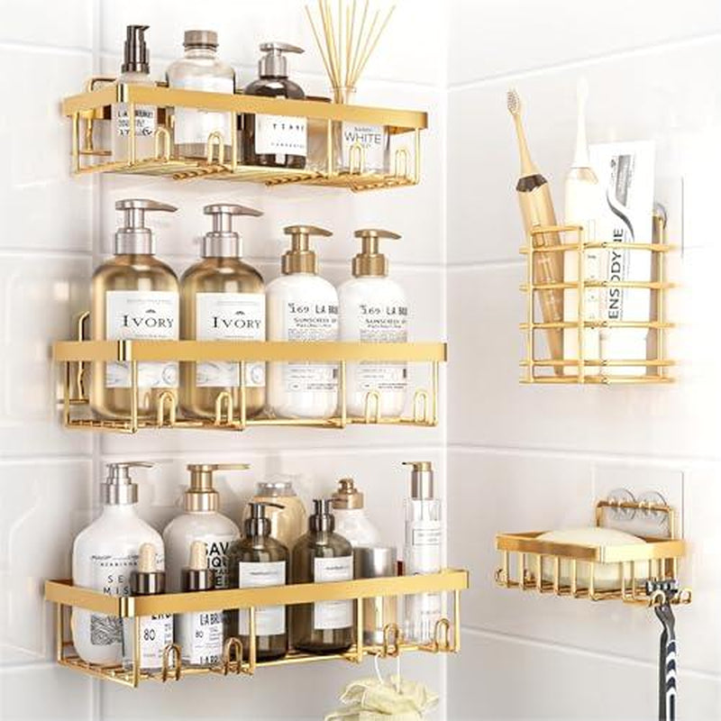 5-Pack Rust-Proof Waterproof Shower Shelves - Large Capacity Wall-Mounted Organizer with Soap Holder, No Drilling Required, Minimalist Stainless Steel Caddy for Bathroom and Kitchen Decor